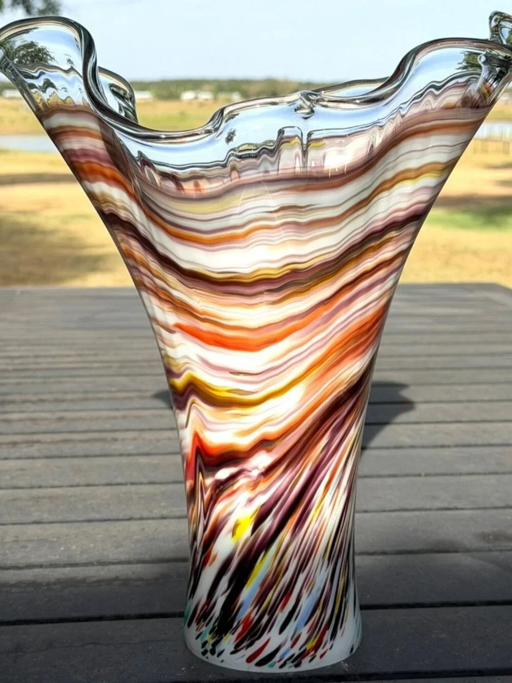 Vintage Murano Style Hand Blown Multicolor Art Glass Ruffled Vase 13.5